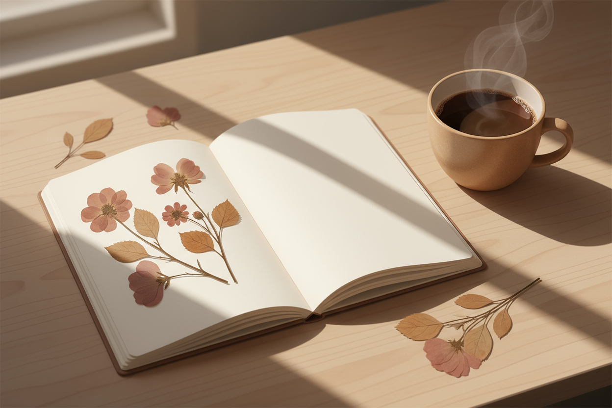 soft aesthetic illustration of an open notebook, dried flowers, a coffee cup and sunlight on a wooden table, warm beige and brown tones, cozy healing mood, minimal composition, 1:1 aspect ratio, no text